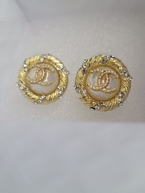 Inspired Gold-Tone Pearl Center Crystal Rope Button Earrings